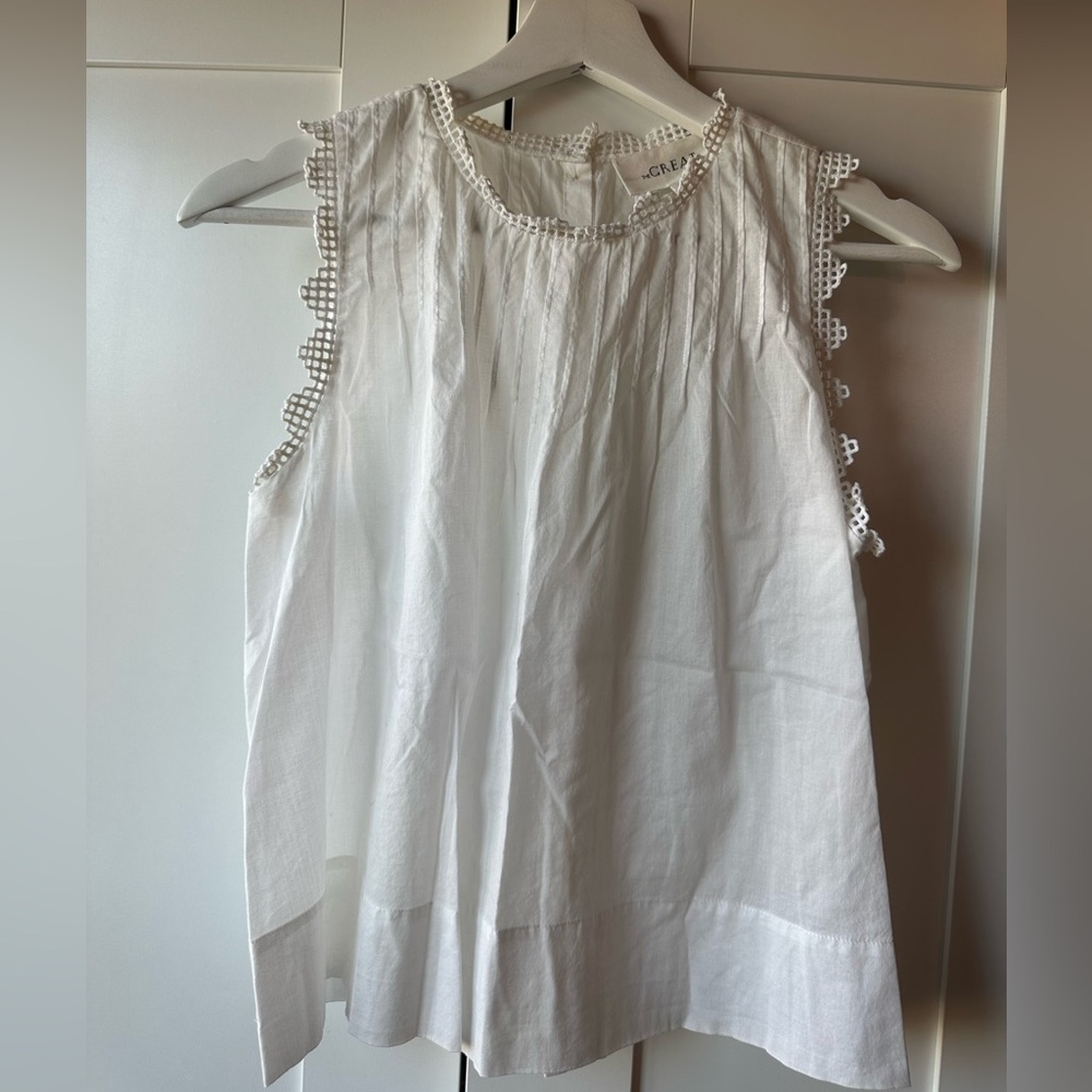 THE GREAT. White Cotton Crochet-Trim Sleeveless Blouse